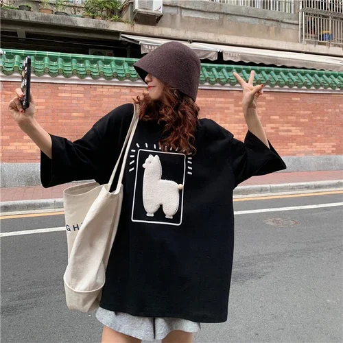 QNPQYX Women\'s Cartoon Alpaca Animal Printed T Shirts Casual Loose Oversize Korean Style Summer Short Sleeve Top Female T-shirts