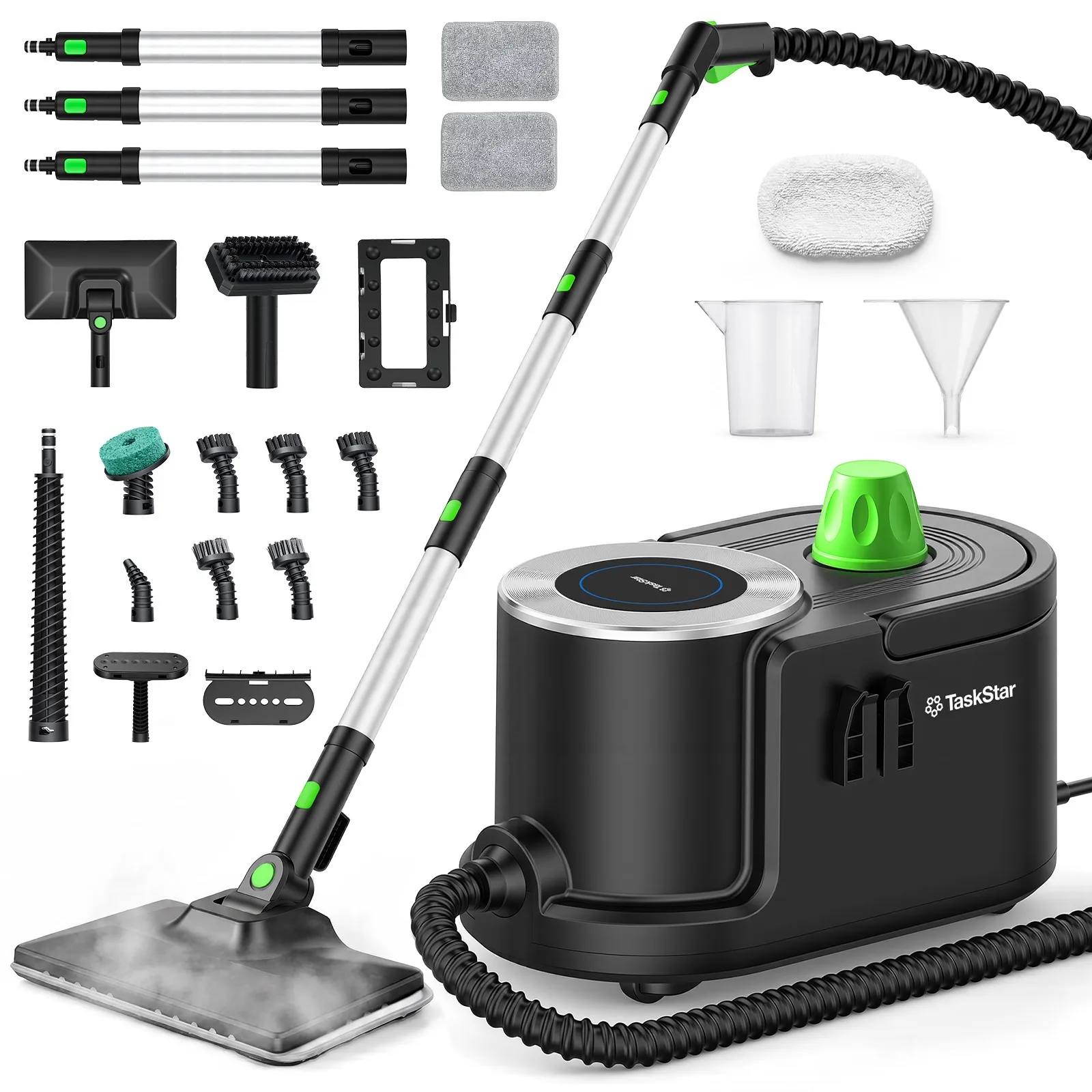 TaskStar 22-in-1 Heavy Duty Canister Steam Cleaner (1500W / 5.0 Bar) – 230°F High-Temperature Pressure Steamer with 1.6L Tank (50-Min Run Time), 16.4ft Cord & Rolling Wheels for Grout, Tile, Car Detailing, Kitchen Grease & Upholstery