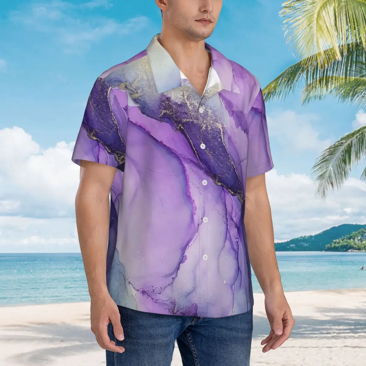 Original Regal Purple Alcohol Ink Abstract A Hawaiian Shirts Casual Men Short Sleeve Shirt for Summer Beach Men's Button Tops