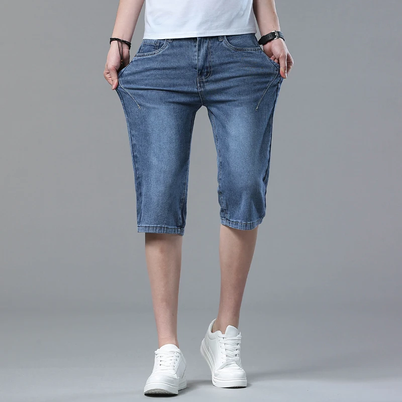 الصيف رقيقة سليم صالح تمتد جينس قصير النمط الكلاسيكي الأعمال عادية الضوء الأزرق لينة القطن مستقيم الساق الدنيم السراويل الذكور