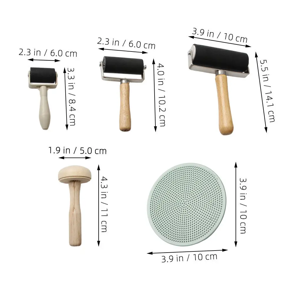 5Pcs Printmaking Roller Set Rubber and Wooden Mushroom Rollers for Block Printing DIY Art Crafting Ink Application Precise