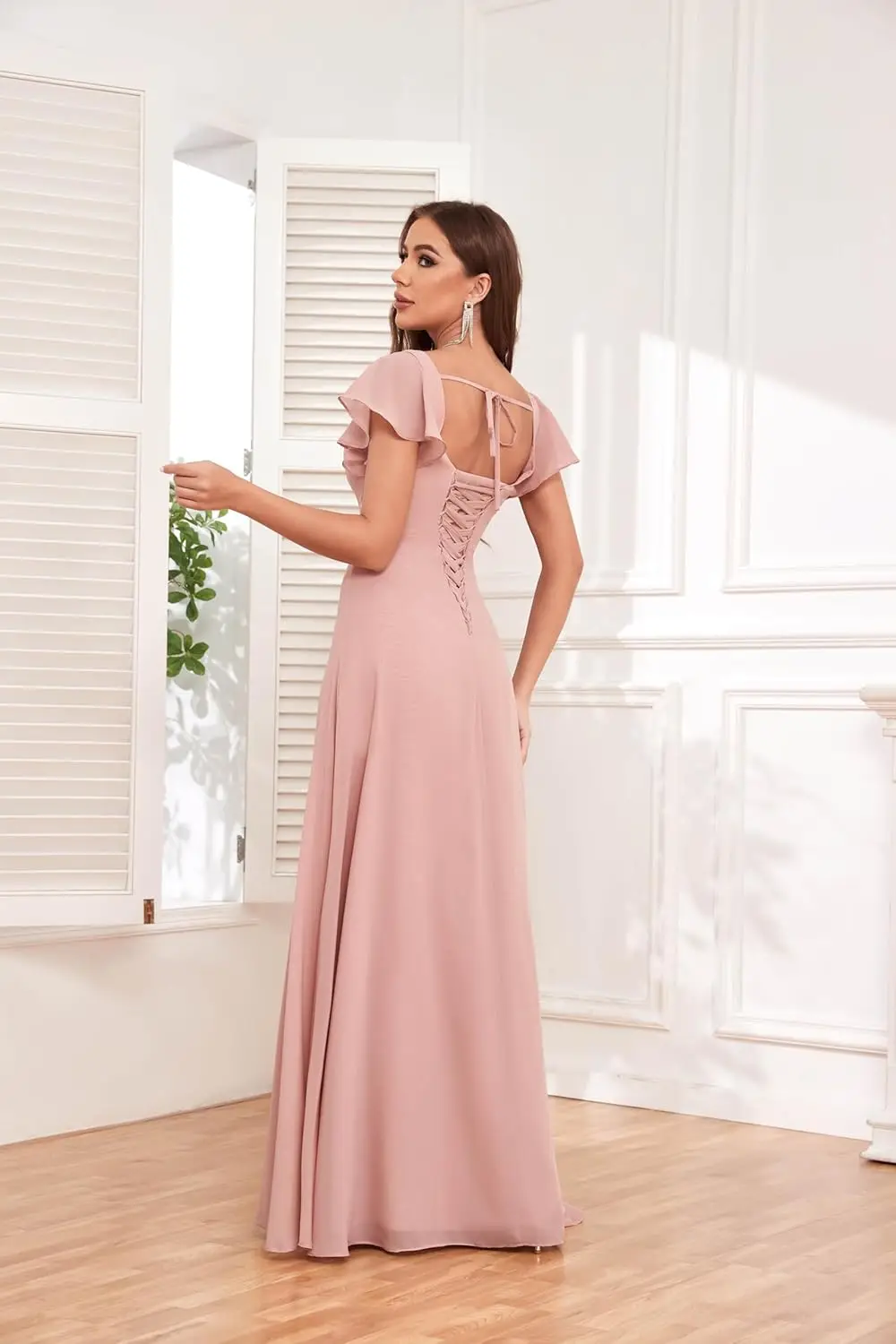 Vestidos de dama de honor de manga corta para boda, cintura imperio, línea A, vestidos formales largos de gasa con hendidura