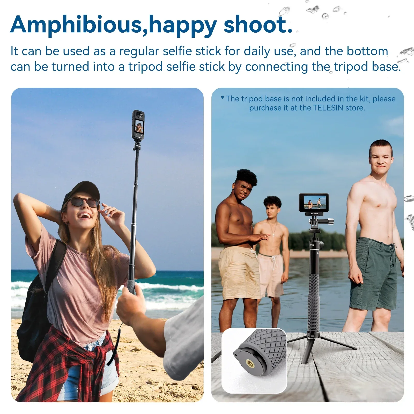 TELESIN Invisible Selfie Stick for Gopro Hero 13 12 11 10 9 8 DJI OSMO Action 5 4 3 Phone Waterproof 360° Ball Head Selfie Stick