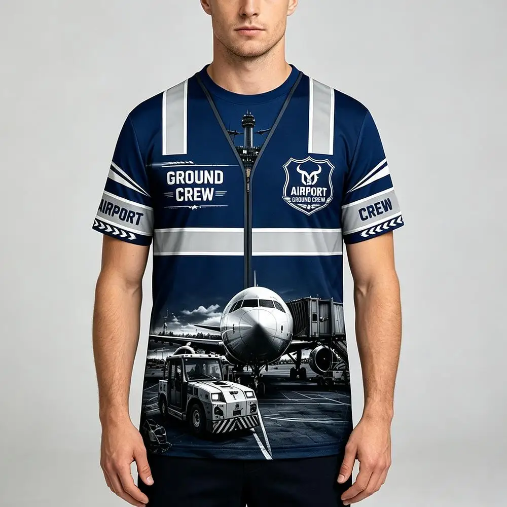 2026 New Airport Ground Staff Work Uniform Daily Outdoor Quick-Drying Airplane Runway Print Tops Unisex Basic Round Neck T-Shirt
