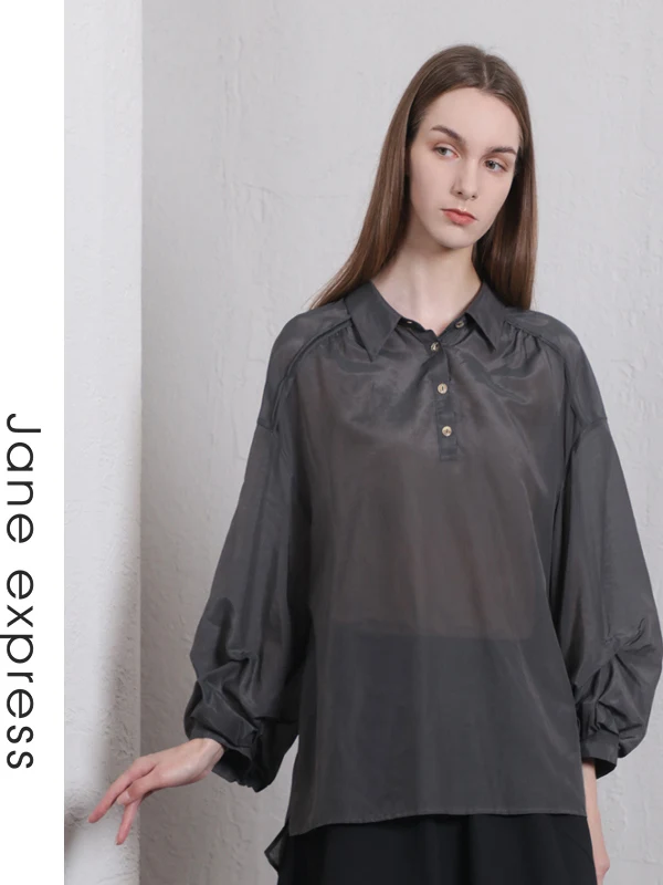 

Jane Expr Casual Comfortable Versatile Simple Sle Cotton Silk Blend Long Sve Collar irt for Women Summer 2024