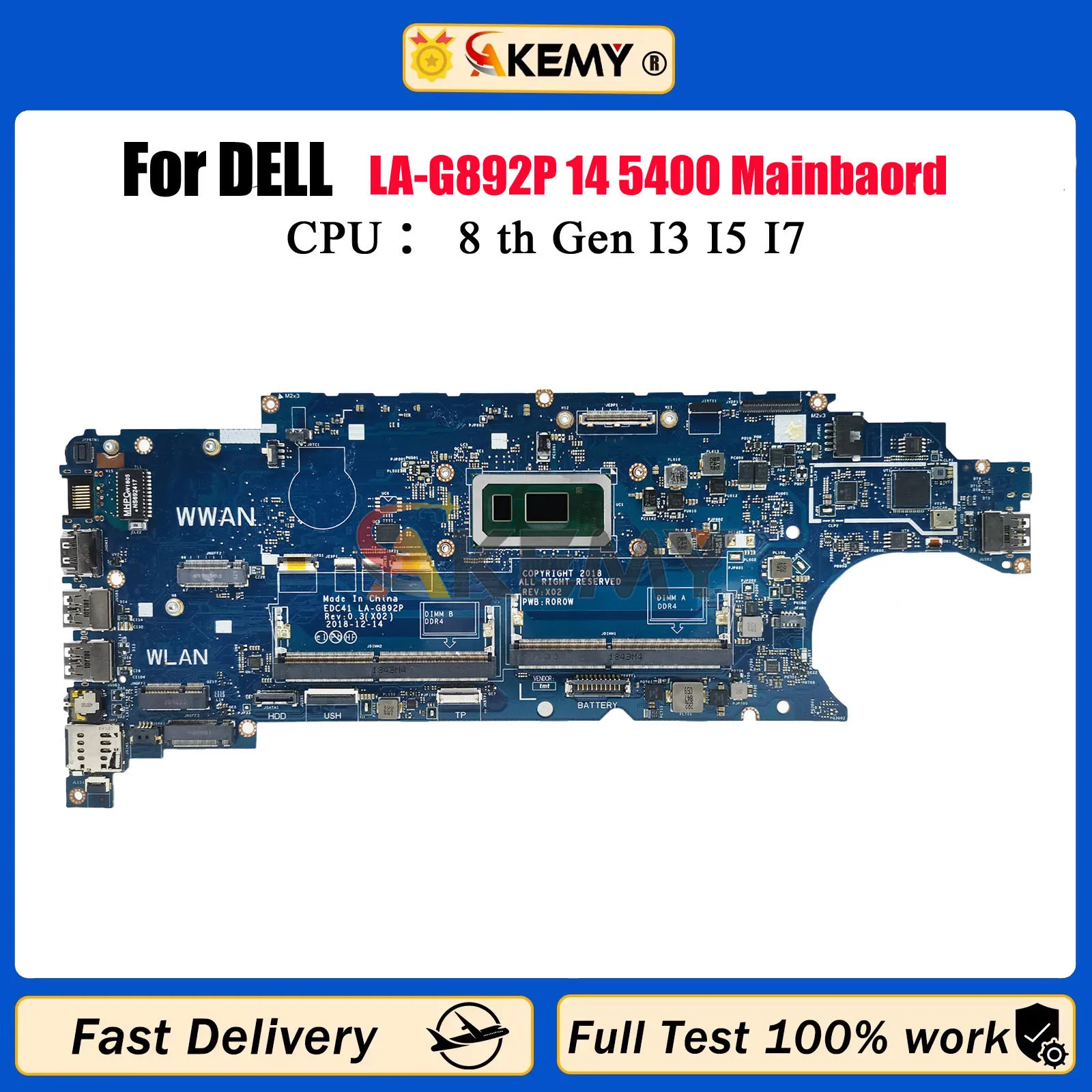 

LA-G892P 06RVRC 05T75M With Mainboard For Dell 5400 with I5 I7 8th Gen CPU Laptop Motherboard 100% Full Tested Working Well