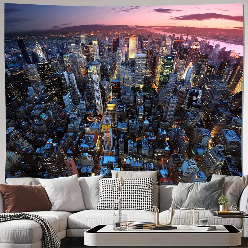 New York City Night Skyline Aerial View Wall Tapestry Machine Washable All Season Decor Print Home Enhance spatial aesthetics