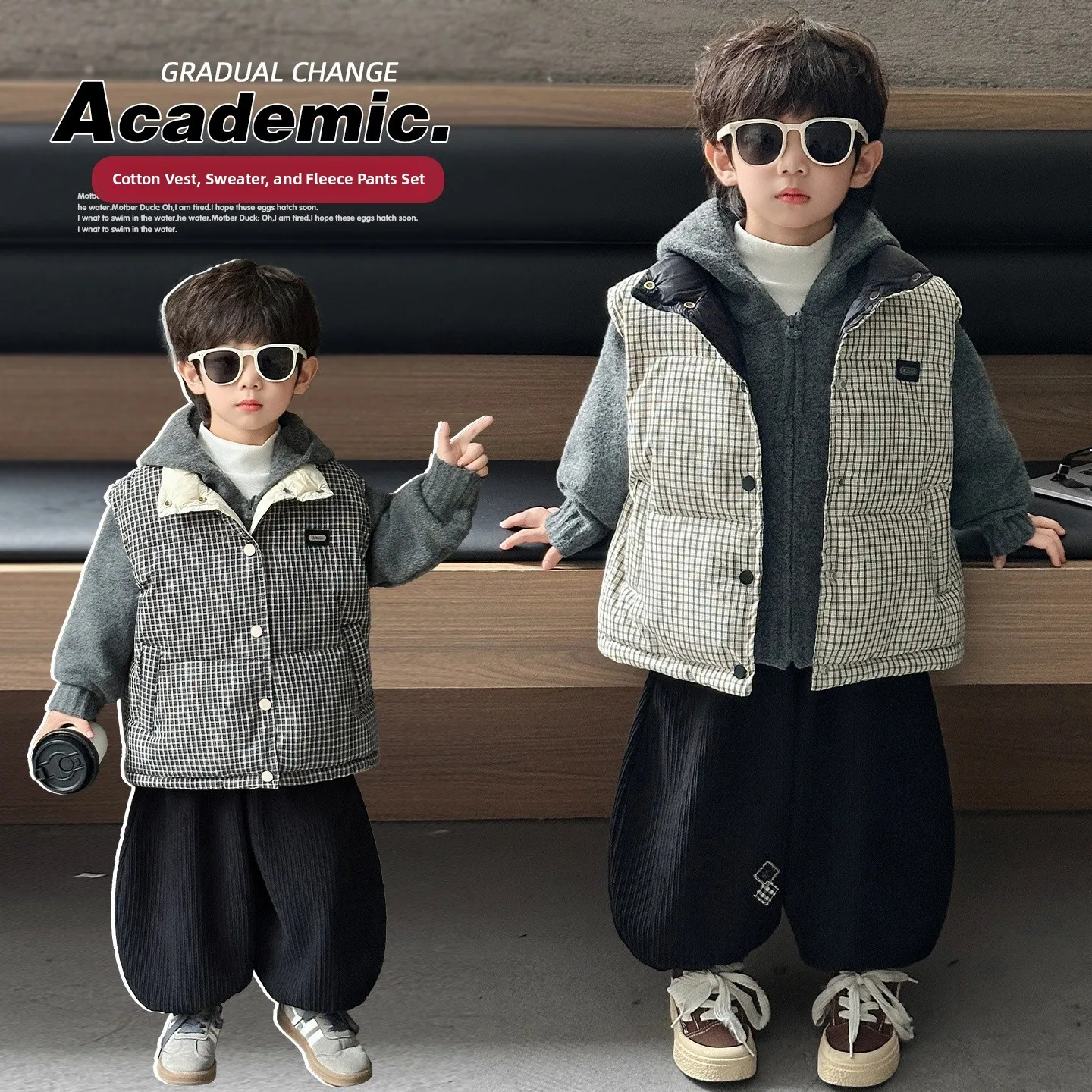 

Теплый хлопковый комплект из жилетки и футболки в клетку для детей: зимний повседневный костюм для мальчиков и девочек, термо, комфортный, дышащий