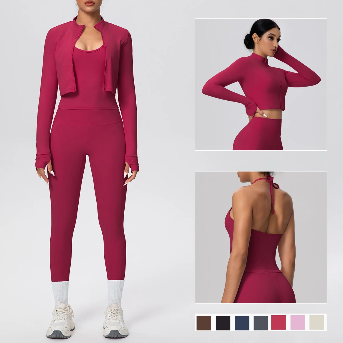 Yoga Three Piece Set Solid Color Beautiful Back Hanging Neck Bra Breathable Yoga Zipper Long Sleeves Fitness Pants Gym Yoga Set