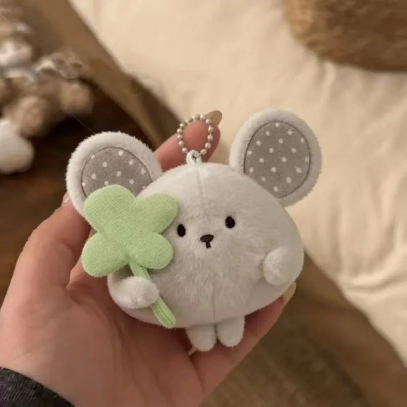 Plush Mouse Keychain Cute Soft Stuffed Animal Toy Doll Mini Bag Charm Four Leaf Clover Pendant For Backpack Key Decoration