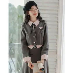 Grey Suit Patchwork Fake Two-piece Jacket Grey Pleated Skirt Set Sweet Temperament Set