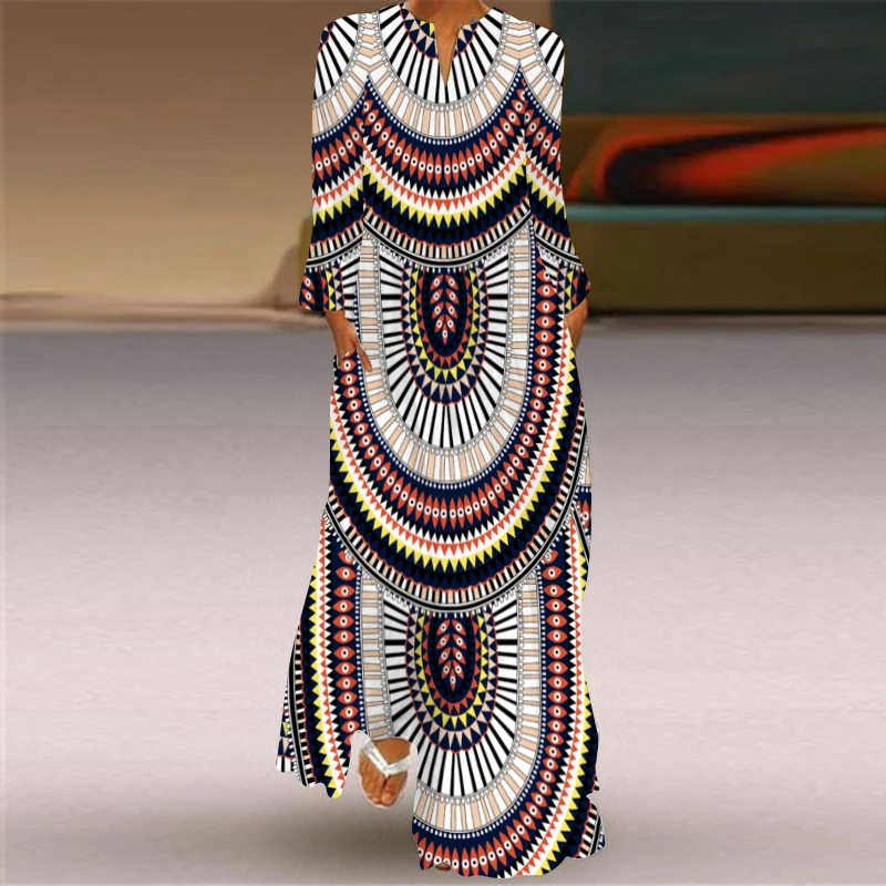 Women Autumn Winter Long Dress Elegant Party Casual V Neck Long Sleeve Vestids Style Loose Stripe Printing Vintage Maxi Dresses