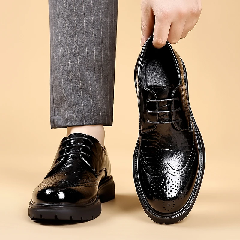 

Men's Brogue Platform Dress Shoes Lace-up PU Leather Oxford Shoes Non-slip Thick Sole Formal Footwear