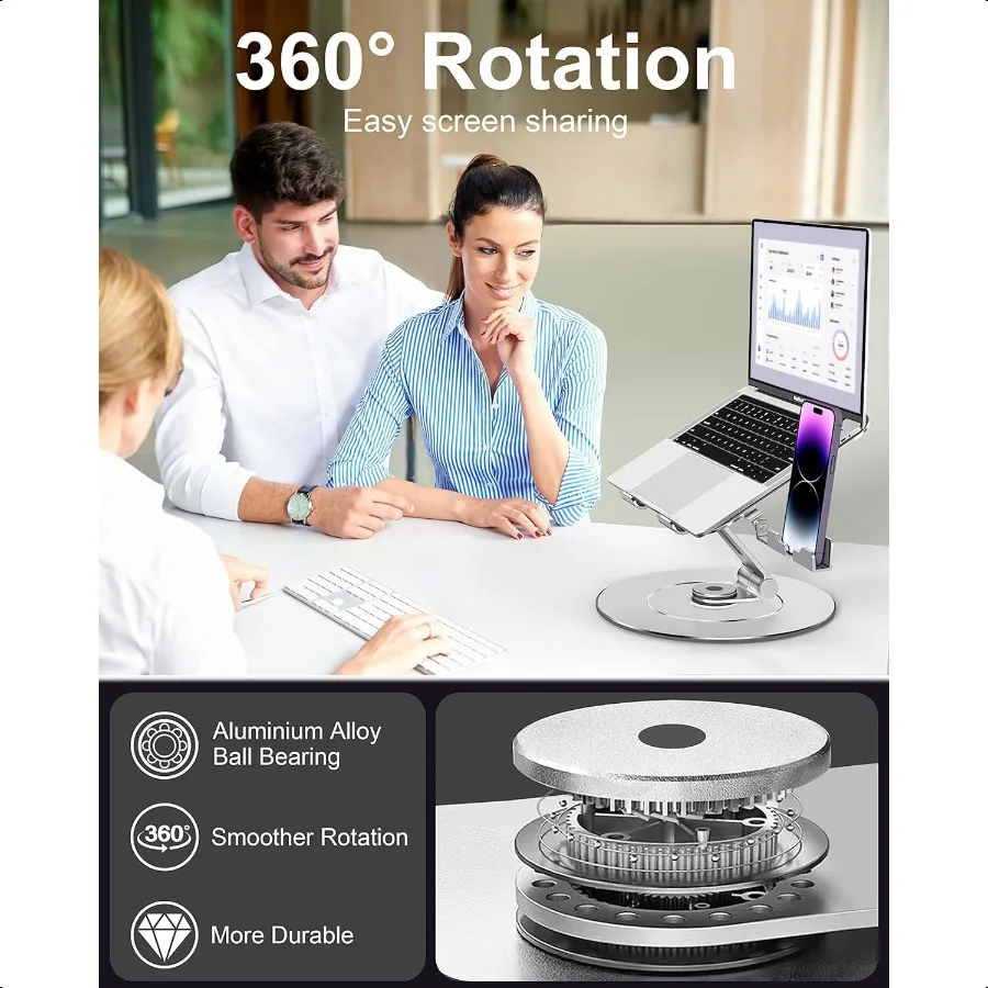 Подставка для ноутбука с держателем для телефона Регулируемая подставка для ноутбука с вращающимся на 360° основанием Алюминиевый держатель для крепления компьютера Эргономичный ноутбук