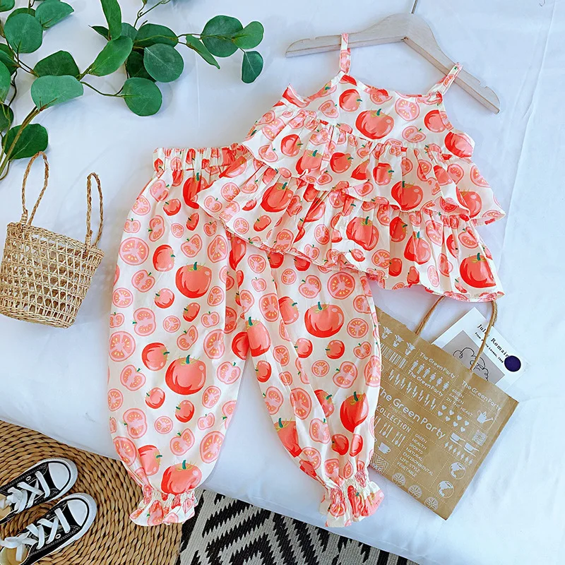 

Girls' clothing2025New Baby Girl Summer Dress Sling Top+Anti Mosquito Pants Fashion Suit Children's Two-Piece Suit