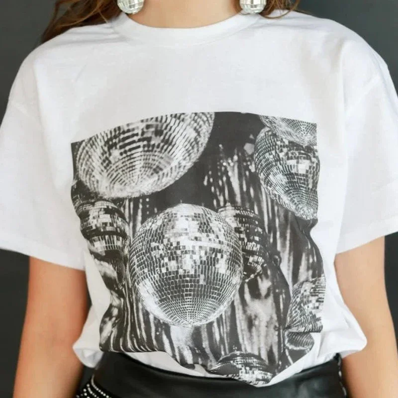 Vintage Aesthetic Disco Ball T-Shirts Women Trendy Fashion Music Concert T Shirt Bachelorette Party Tee Loose Y2k Grunge Tops