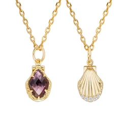 LAMOON Vintage France Style Bijou Colored Corundum Shell Pendant Necklace For Women 925 Sterling Silver Gold Plated Fine Jewelry
