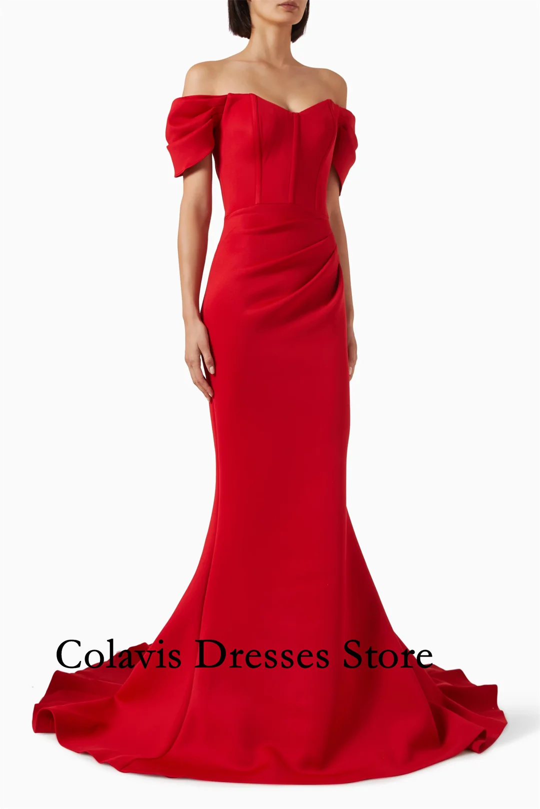 

2025 Customized Off-Shoulder Short Sleeves Mermaid Crepe Red Prom Dresses Evening Dress Women Evening Gowns Formal Party Dress