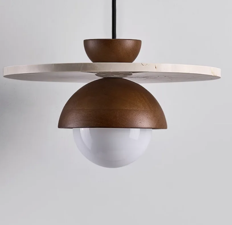 Vintage Walnut Chandelier with Wabi-Sabi Style Stone Shade for Home Office Application