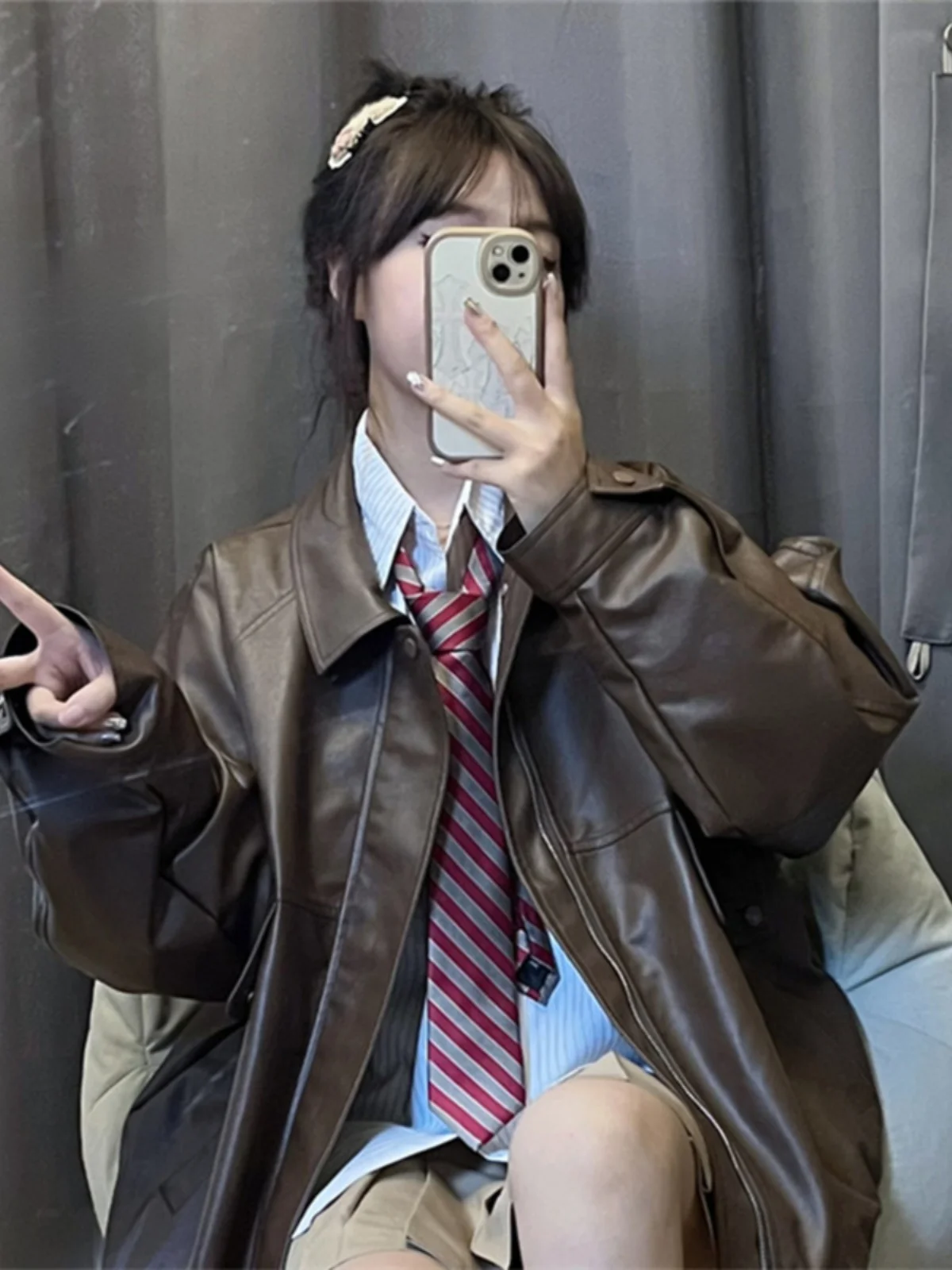 

American Retro Collar Biker Sle Long Sve Leather Jaet Women's Autumn Loose Outerwear Faion High End Open Cardig...