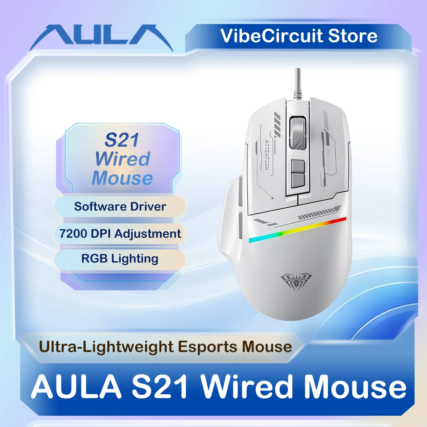 AULA S21 Wired Esports Mouse 725 Optical Sensor 7200 DPI RGB Lighting Ergonomic Mice For Desktop/Laptop/Game/Work