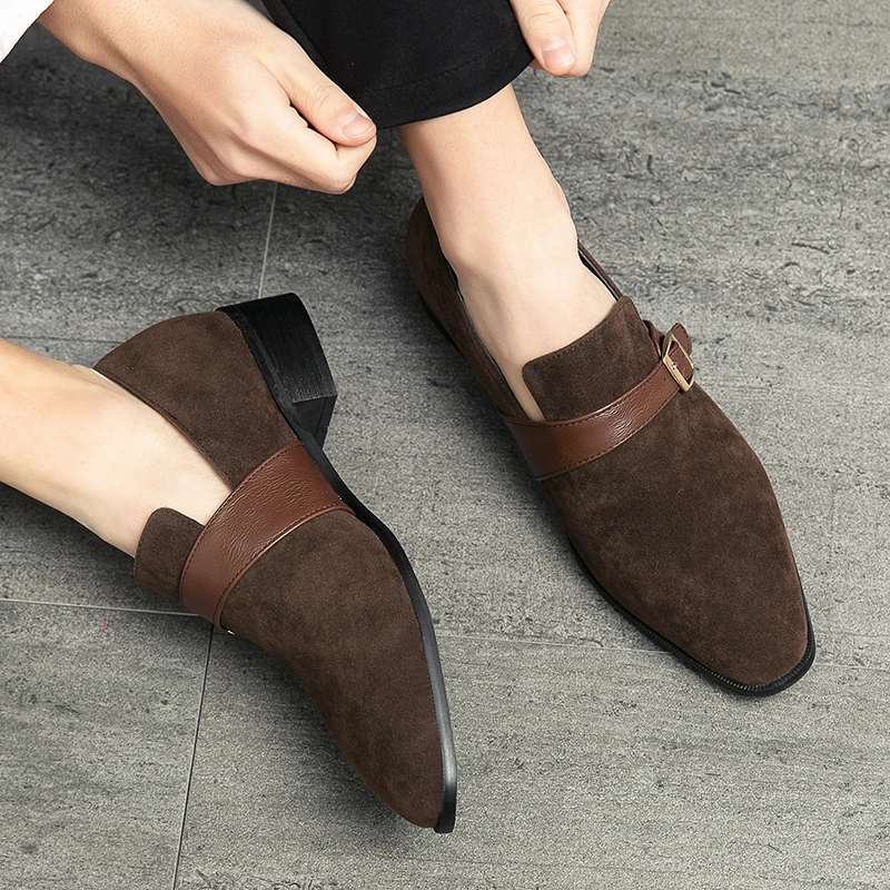 Suede Leather Designer Fashion Men\'s Buckle Dress Male Flats Wedding Driving Party Loafers Casual Office Shoes for Men Footwear