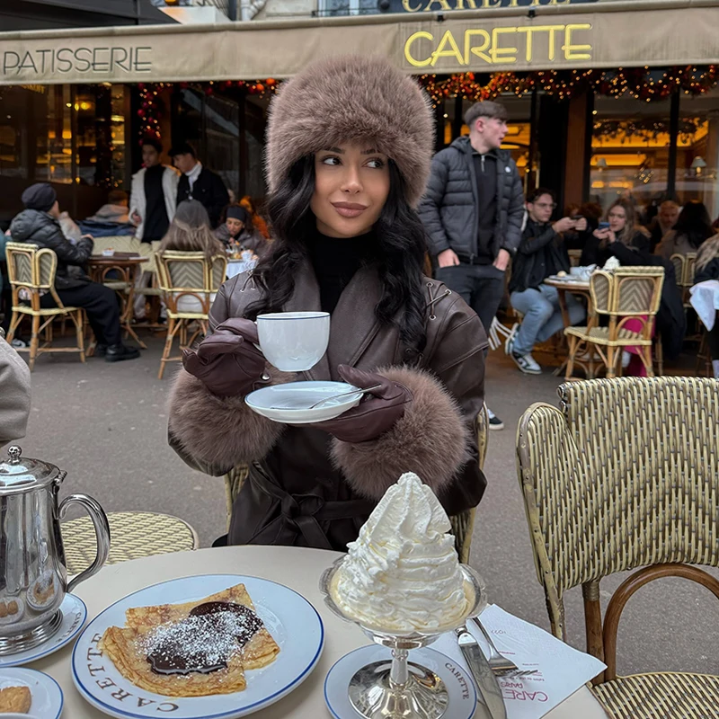 레이스업 여성 재킷 라펠 긴 소매 퍼리 커프스 숏 가죽 코트 가을 겨울 아우터웨어 2025 신상 패션 여성 재킷