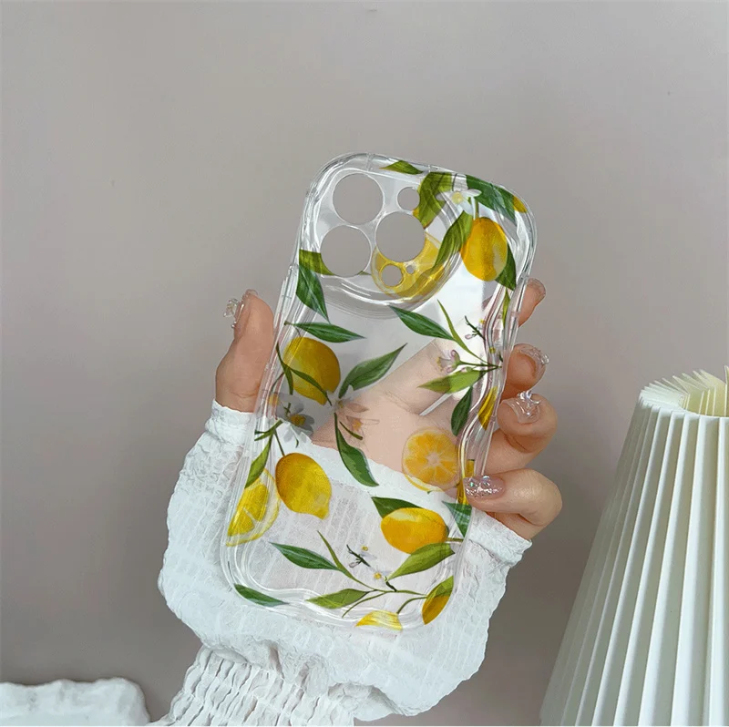 Pink Cherry Lemon Soft Clear TPU Phone Case For IPhone 15 14 11 16 Pro Max 12 13 MIni XR Flower Wavy Bumper Silicone Cases Cover image 3