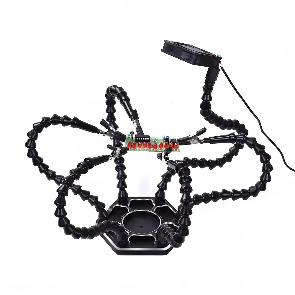 Third Hand Soldering PCB Holder Tool Helping Hands Crafts Hobby Welding Station USB DC Cooling Fans 6pc Flexible Arms