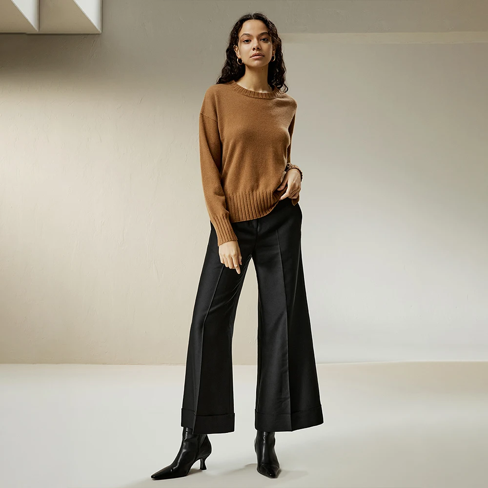 LILYSILK Cashmere Sweater for Women 2023 Fall New Ladies Crew Neck Side Slit Dropped Shoulder Casual Clothing Free Shipping