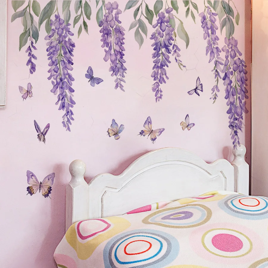 Pegatinas de pared de glicina y mariposa, calcomanías de vinilo autoadhesivas para sala de estar, dormitorio, decoración del hogar, Mural artístico extraíble, papel de pared