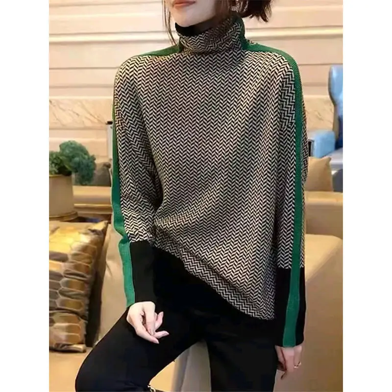 New Autumn and Winter Women's High Neck Color Blocked Houndstooth Sweater, Fashionable and Versatile Pullover Knitted Sweater