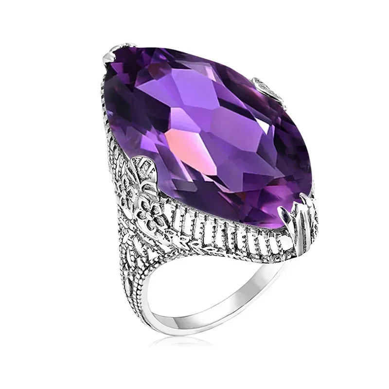 Gorgeous Big Marquise Purple CZ Finger Ring for Women Hollow Out Flower Aesthetic Lady Accessories Wedding Trendy Jewelry