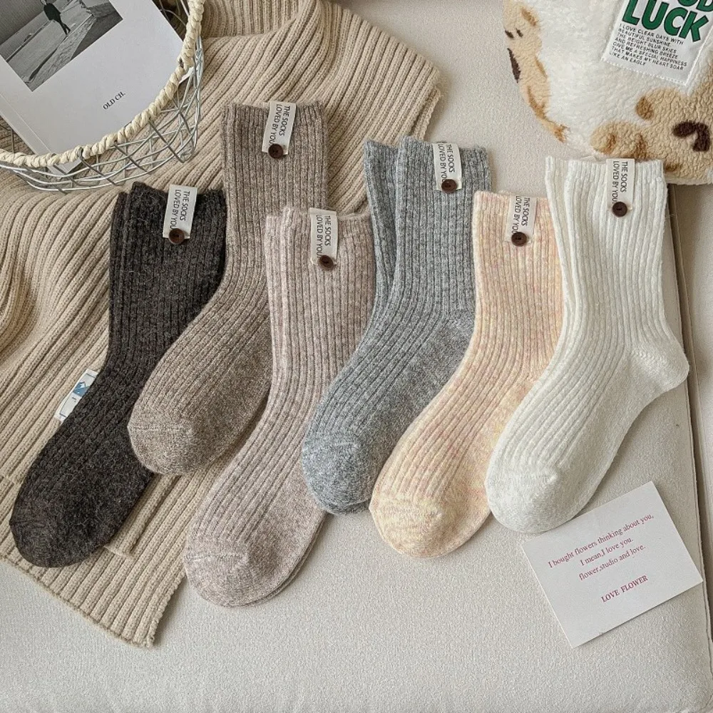 New Middle Tube Mid-Tube Socks Thickened Button Label Knitted Socks Keep Warm Solid Color Snow Boot Socks