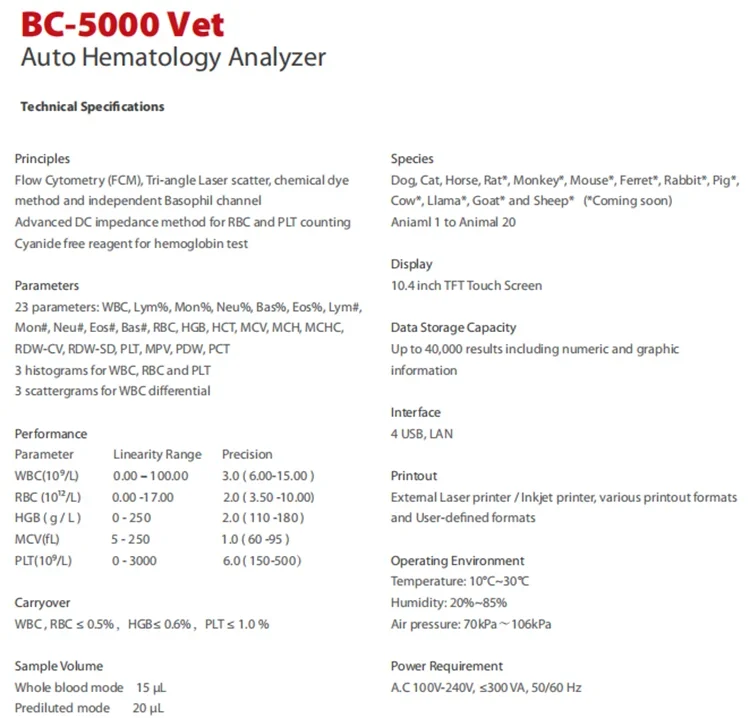 Mindray BC-5000vet automatic 5-part  Analyzer Veterinary Use Mindray BC-5000 vet CBC