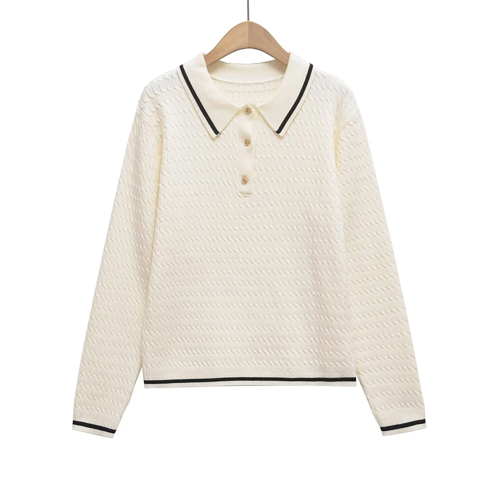

Contrasting Color Polo Collar Casual Knitwear for Women European And American Style Popular Fashion Top
