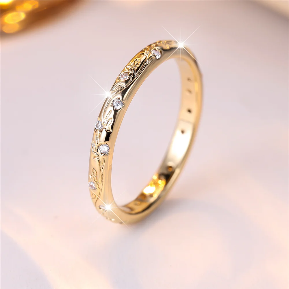 Luxury Female White Flower Round Zircon Stone Ring Dainty Gold Color Wedding Jewelry For Women