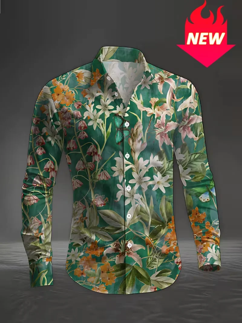 Men Long‑Sleeve Button‑Down Shirt Green Tropical Floral Botanical Full Print Polyester Lapel Collar Vacation Casual Top