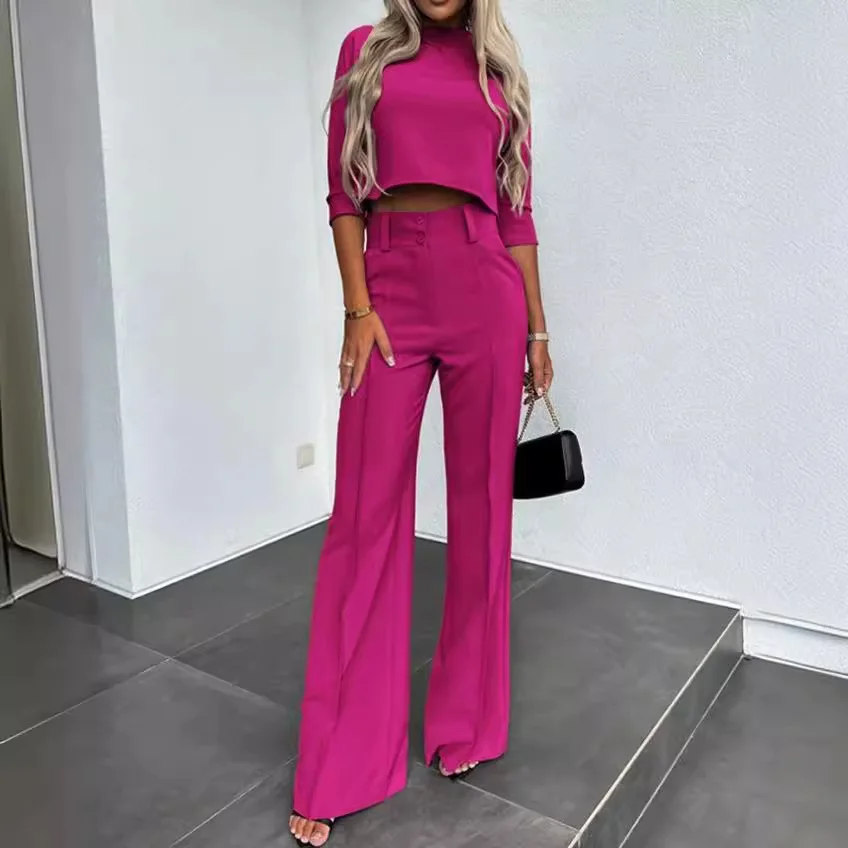 Summer  Autumn Elegant Women's Temperament Top Round Neck Seven Quarter Sleeve Head Solid Color Top Wide Leg Pants Two-piece Set