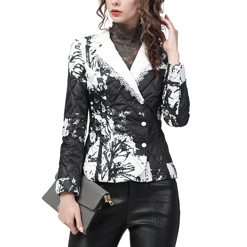 Fashion Black-White Print Women\' Down Jacket 2022 Winter Slimming Short Warm White Duck Down Padded Puffer Coat Suit Collar Tops