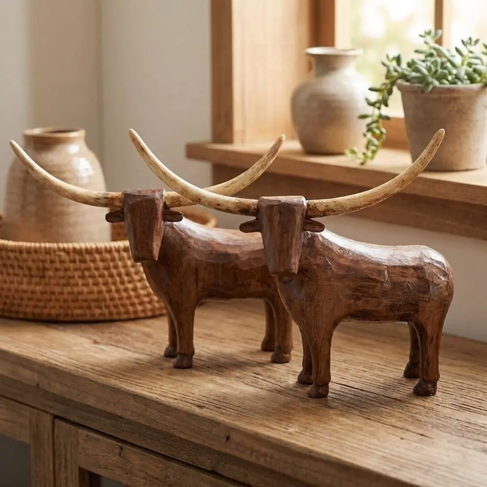 Vintage Style Longhorn Bull Sculpture Western Style Rugged Resin Bull Tabletop Statue Handcrafted Rustic Sheep Cow Figurine