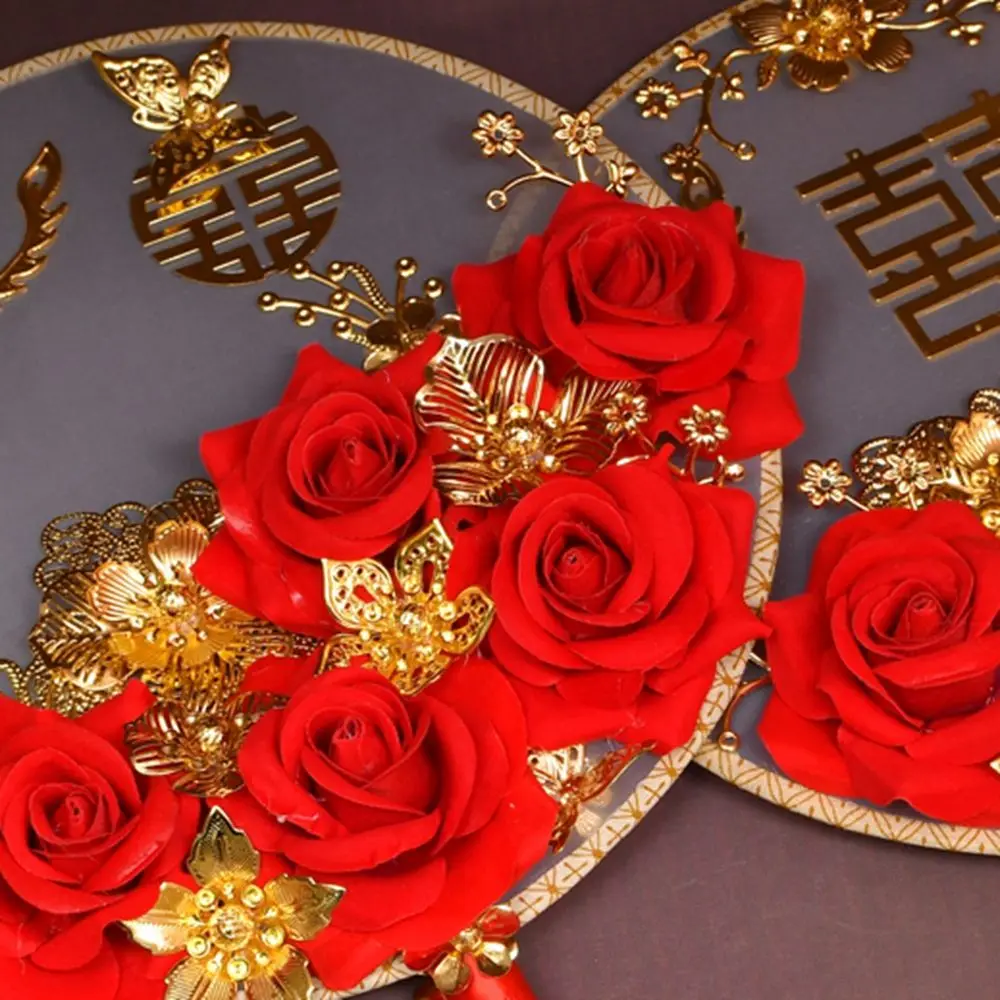 Handmade For Bride Gold Red Bridesmaid Chinese Wedding Vintage Decoration Prop Bouquet Photography Ornaments Decor Craft Fan