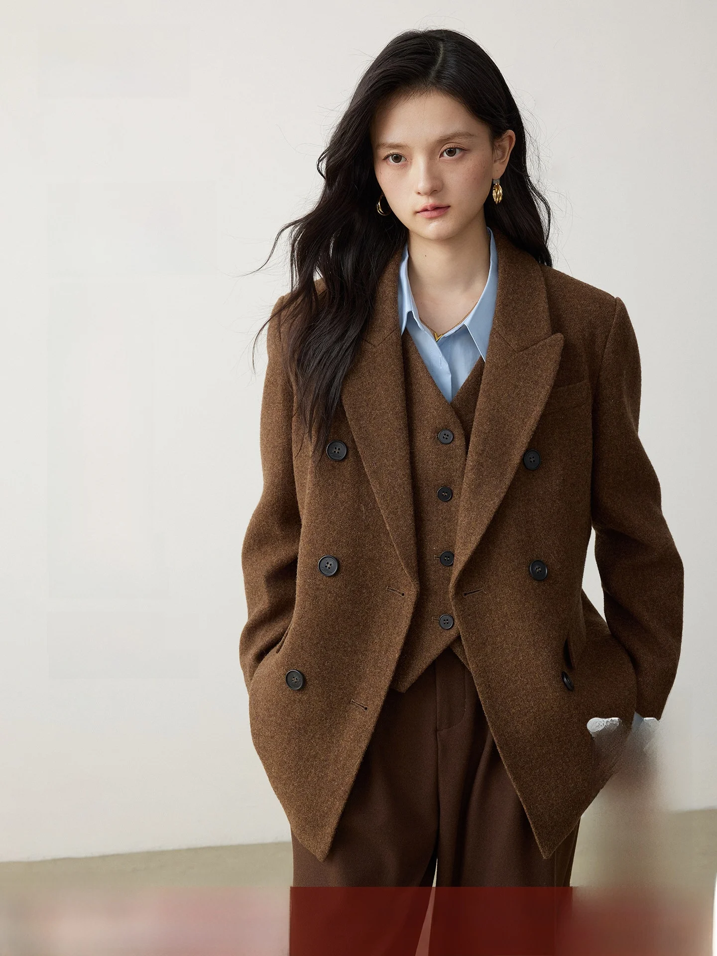Modern Commuter Woolen Suit Coat Women's Autumn Winter Straight Cut Short Length Double Breasted Pocket Detail OL Style
