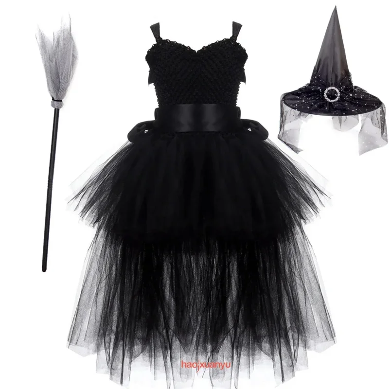 

2023 Vampire Cosplay Kids Carnival Costume Hat Broom Clothing Sets Halloween Children Girls Witch Party Dress for Christmas