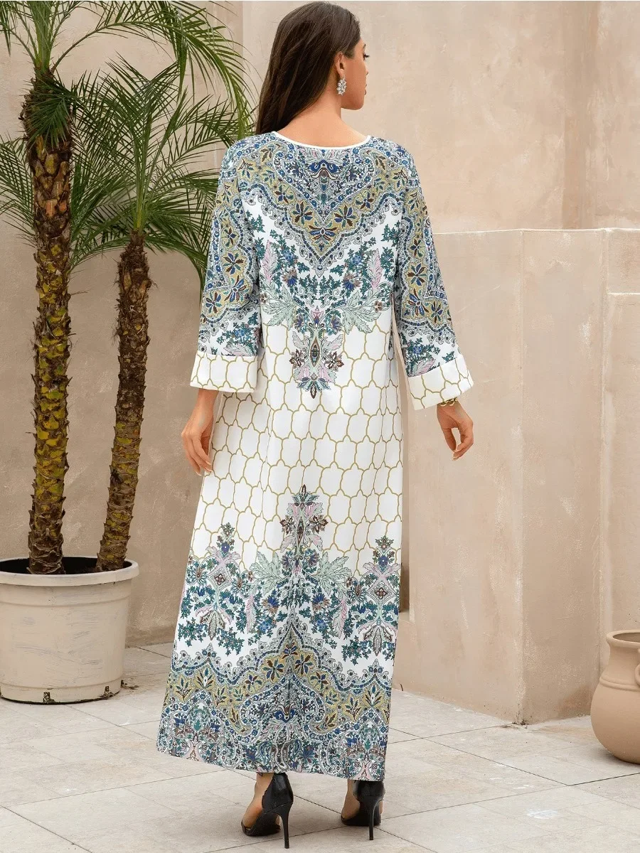 Eid Muslim Party Dress for Women Ramadan Beading Abaya Long Dress Print Morocco Kaftan Vestidos Largos Dubai Robe Jalabiya 2024