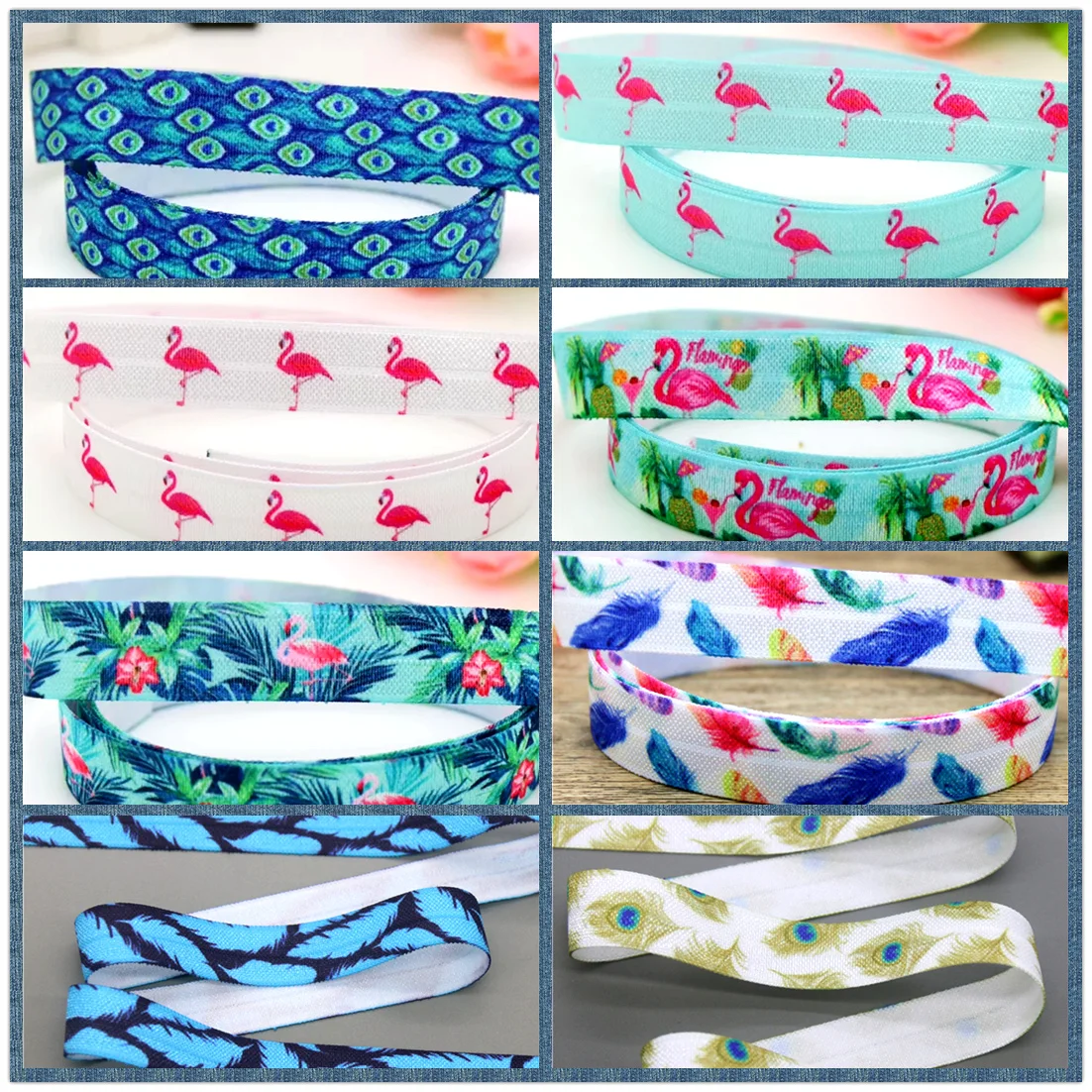 DHK 5/8'' 10yards Feather Flamingo Printed Fold Elastic FOE Stretch Ribbon Decorations Craft DIY Sewing  B2333