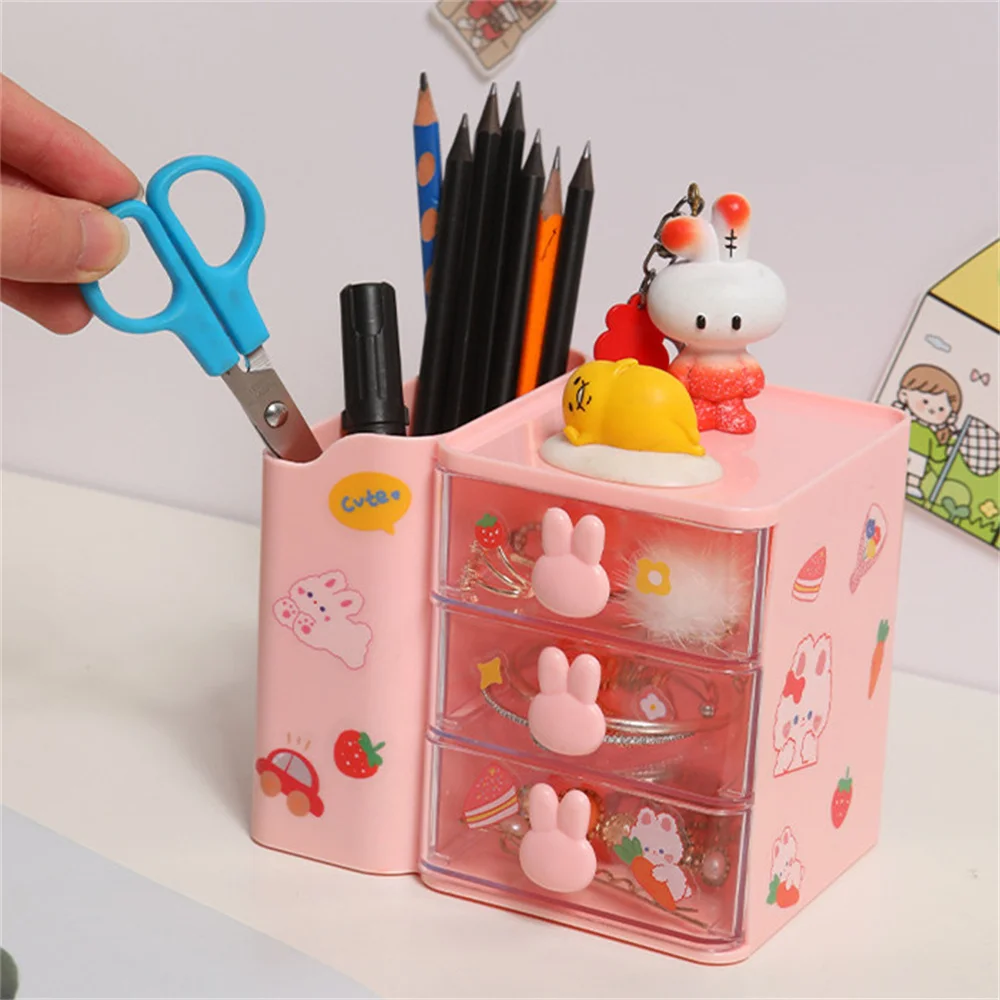 Cute Rabbit Desktop Organizer Drawers With Pencil Holder Multifunctional Student Desktop Stationery Organizer Box Storage Shelf