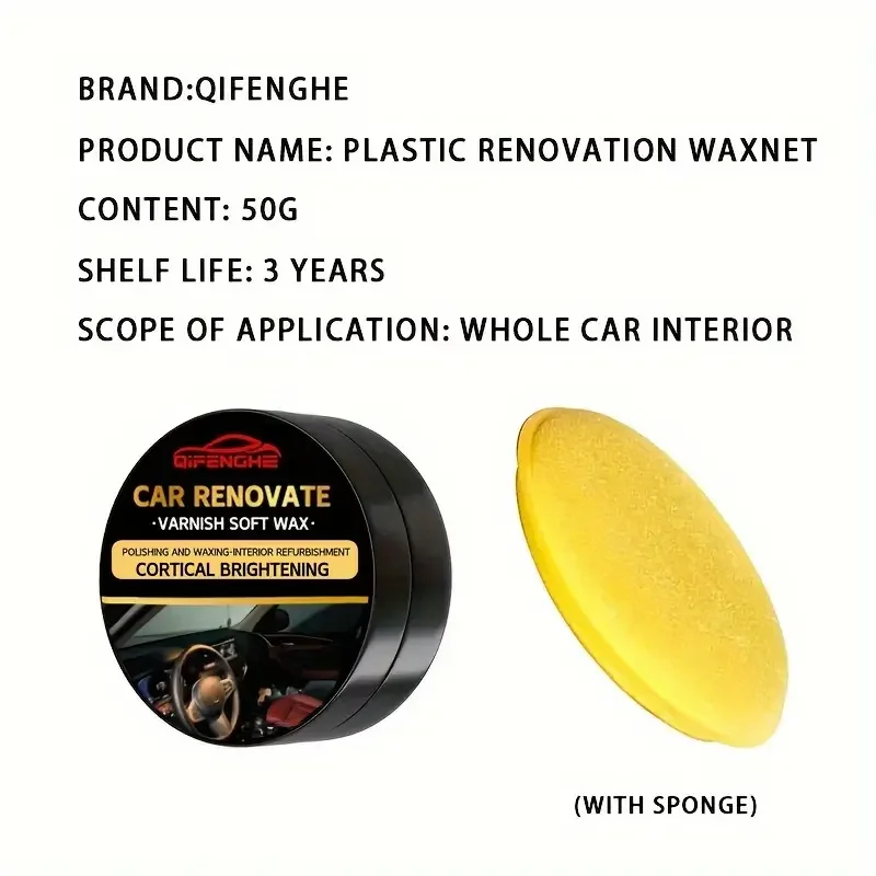 QIFENGHE Car Interior Renewal Wax & Sponge - Plastic Restorer, Seat Care Lacquer Soft Wax for PU Leather and Tire Shine