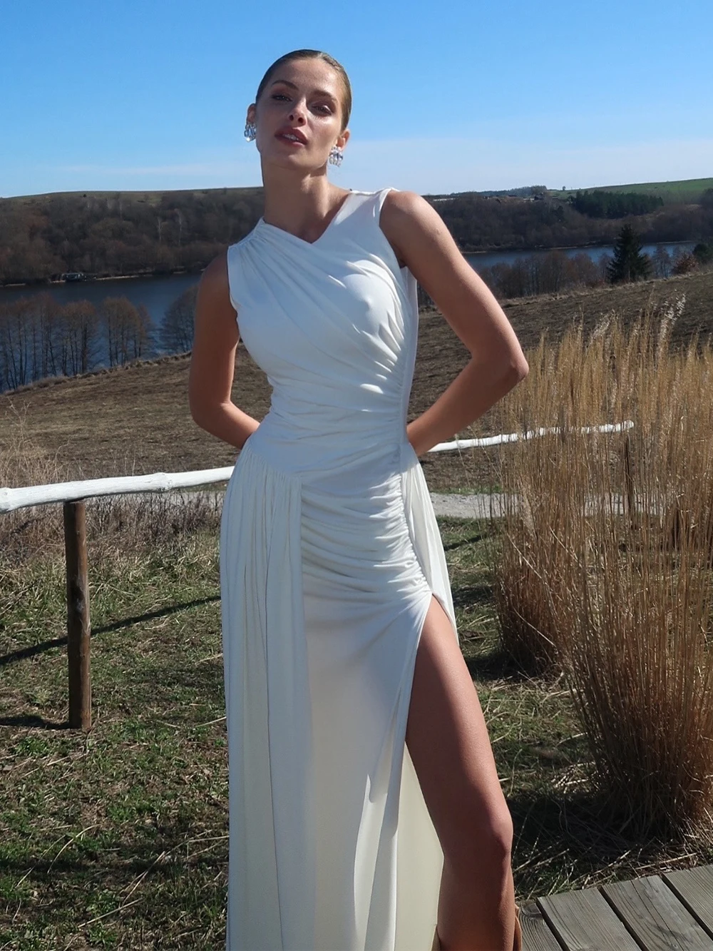 2025 صيف جديد بلون موضة رقبة مستديرة بدون أكمام سبليت مثير غير منتظم فستان طويل مأدبة #4