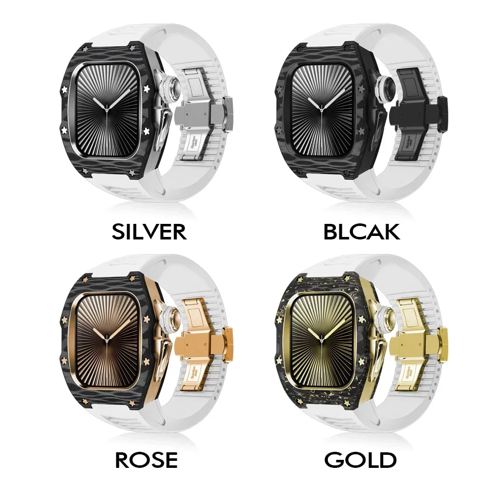 Carbon Fiber Case For Apple Watch Series 10 46mm 42mm Protective Case Luxury Modification Kit Fluororubber Strap iWatch Series10